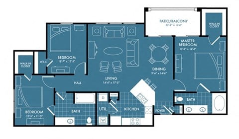 Floor plan for 3 beds, 2 baths, 1309 sqft